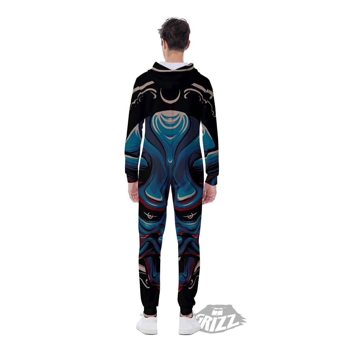 Demon Japanese Blue Print Men's Jumpsuit-grizzshop