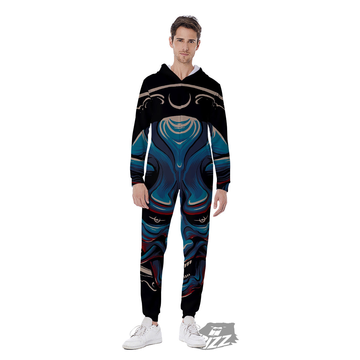 Demon Japanese Blue Print Men's Jumpsuit-grizzshop