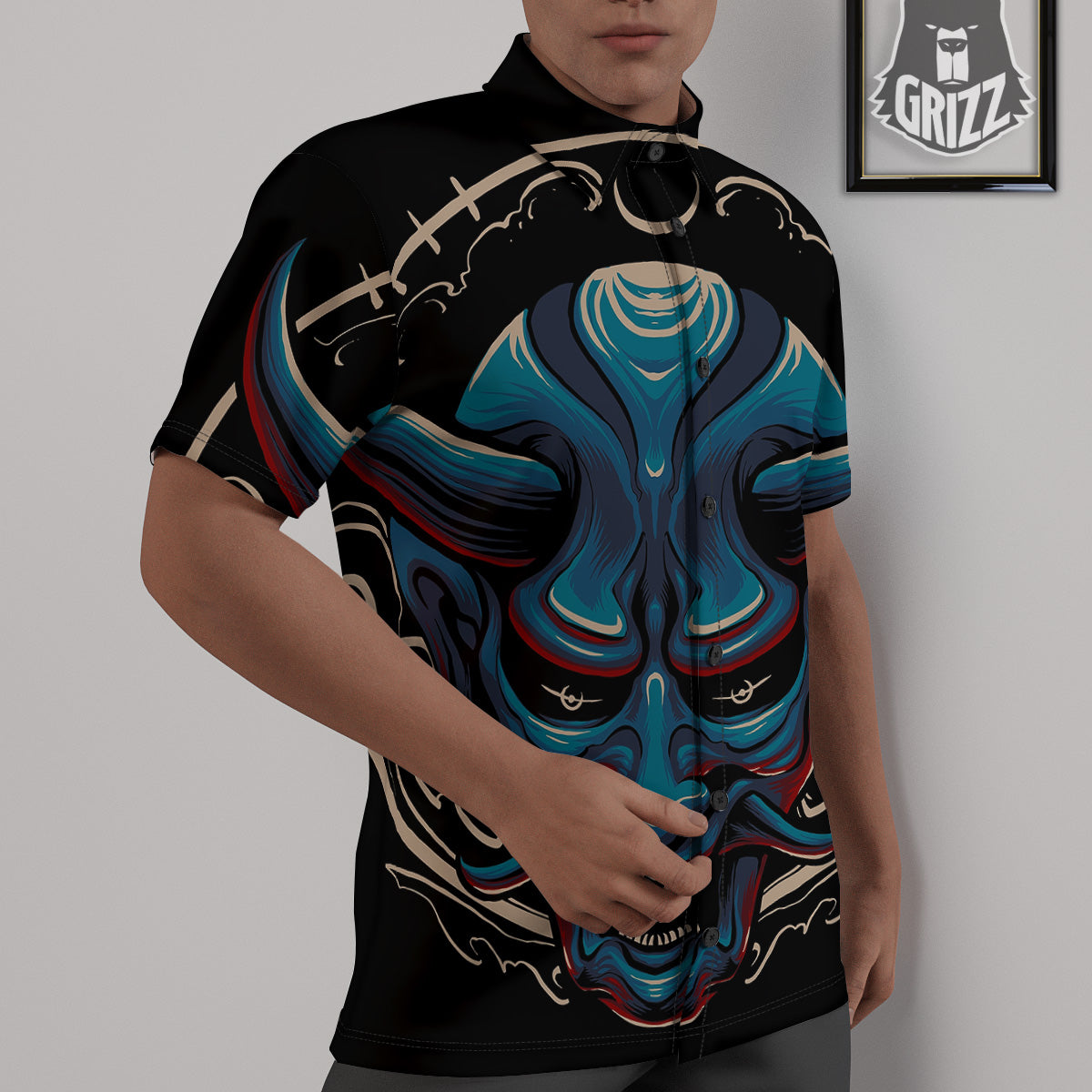 Demon Japanese Blue Print Untucked Shirts-grizzshop