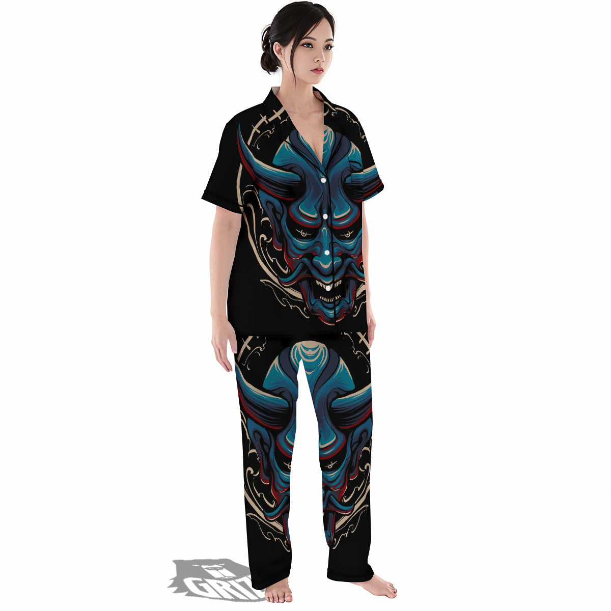 Demon Japanese Blue Print Women's Pajamas Set-grizzshop