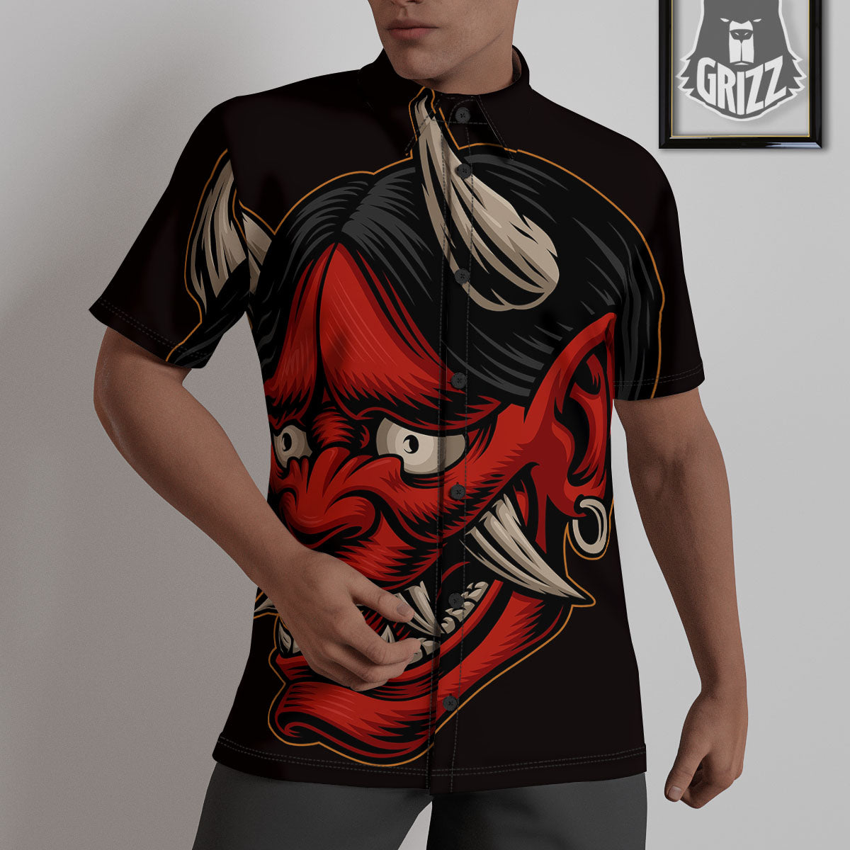 Demon Japanese Print Untucked Shirts-grizzshop