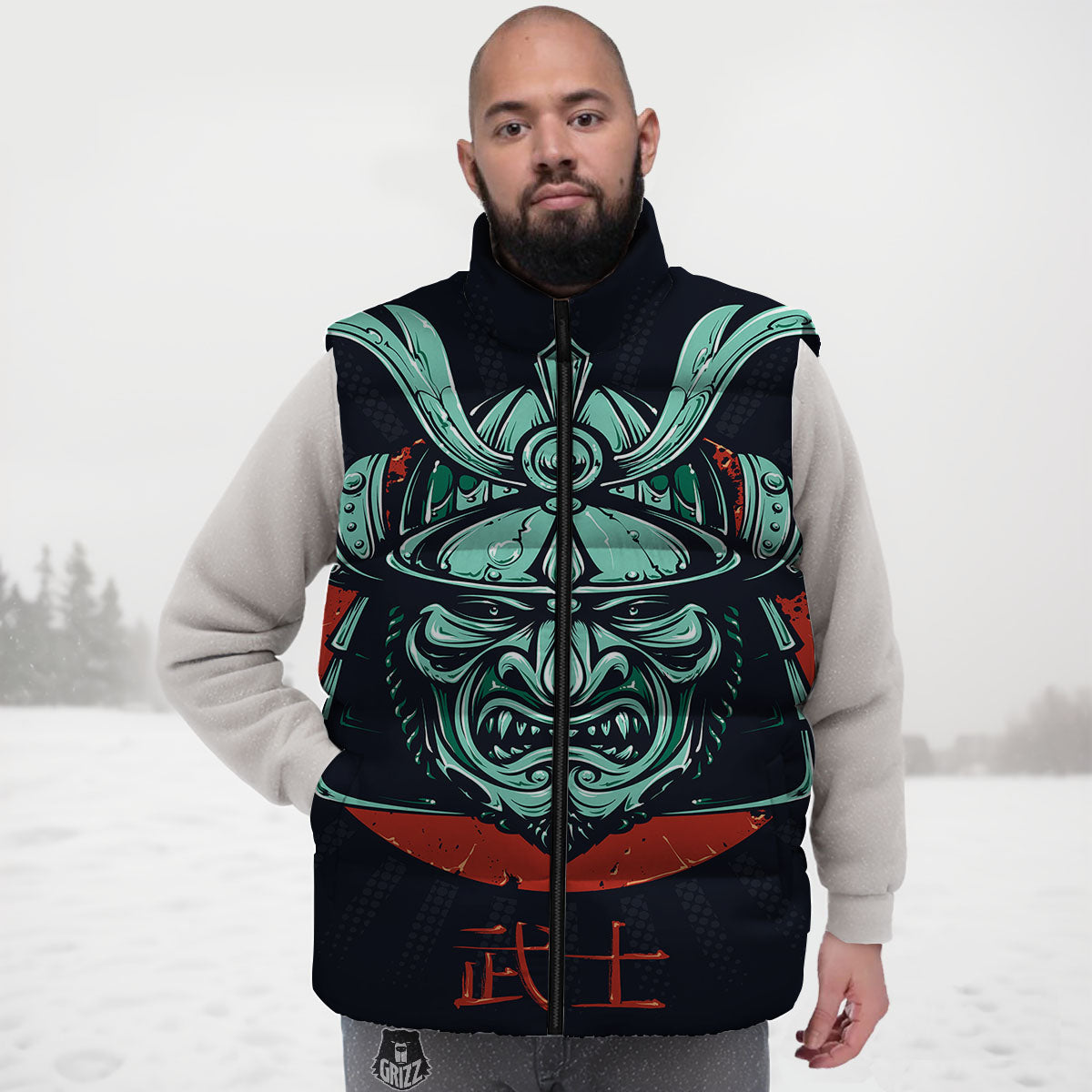 Demon Mask Japanese Print Down Vest