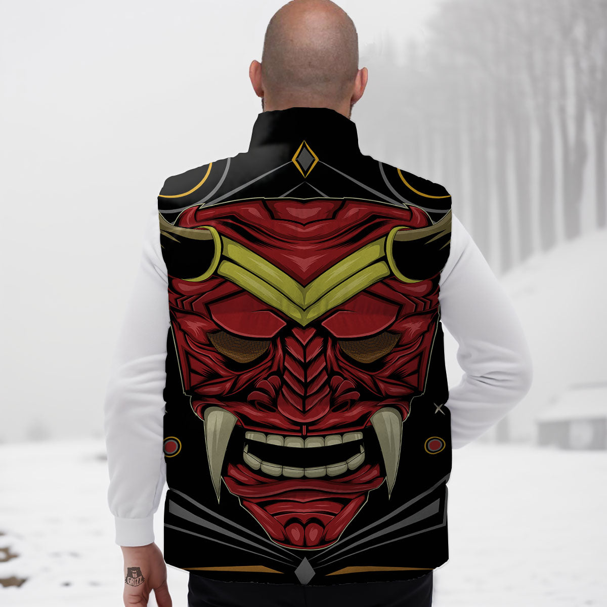 Demon Mask Red Japanese Print Down Vest