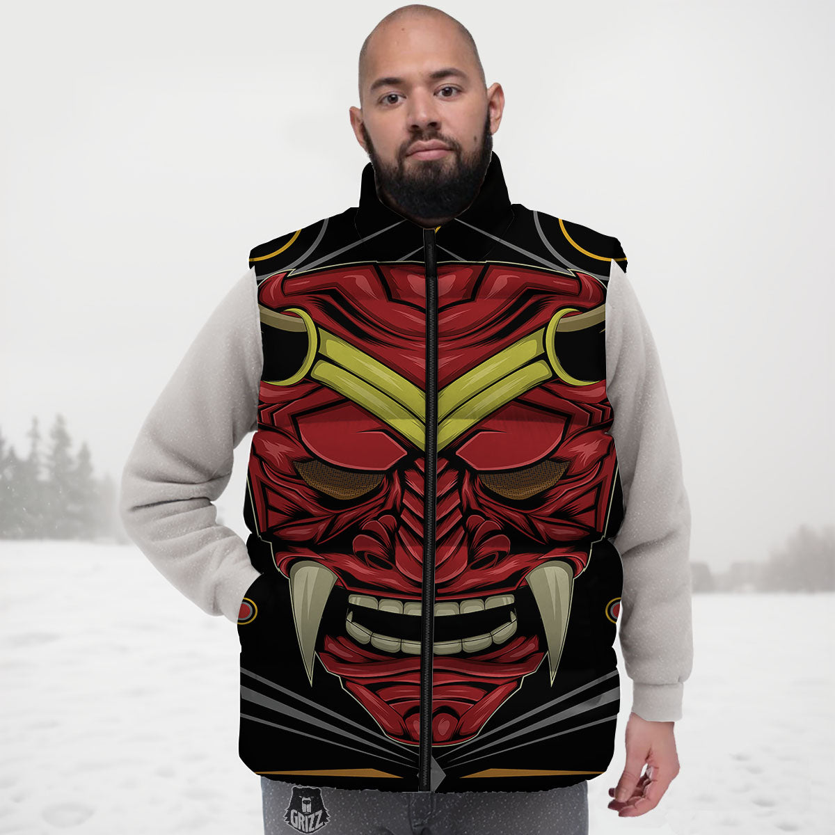 Demon Mask Red Japanese Print Down Vest
