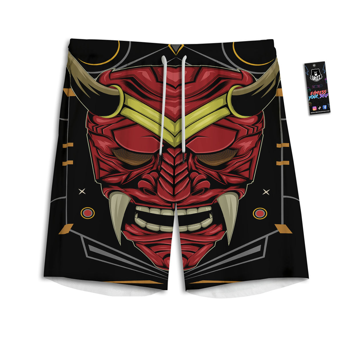 Demon Mask Red Japanese Print Men's Athletic Shorts