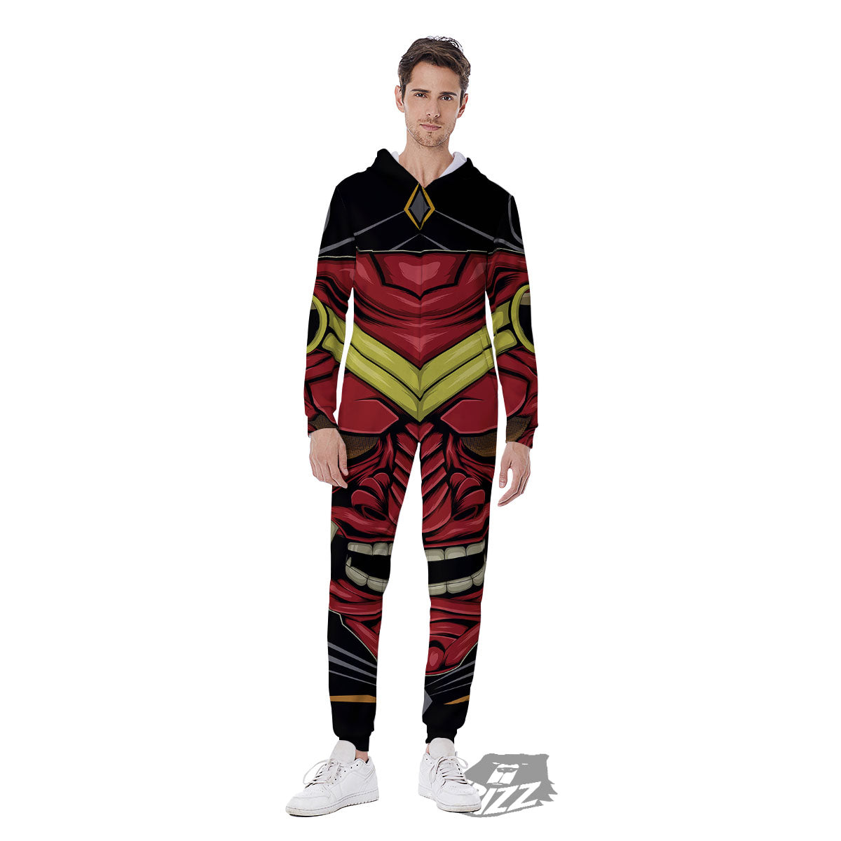 Demon Mask Red Japanese Print Men's Jumpsuit-grizzshop