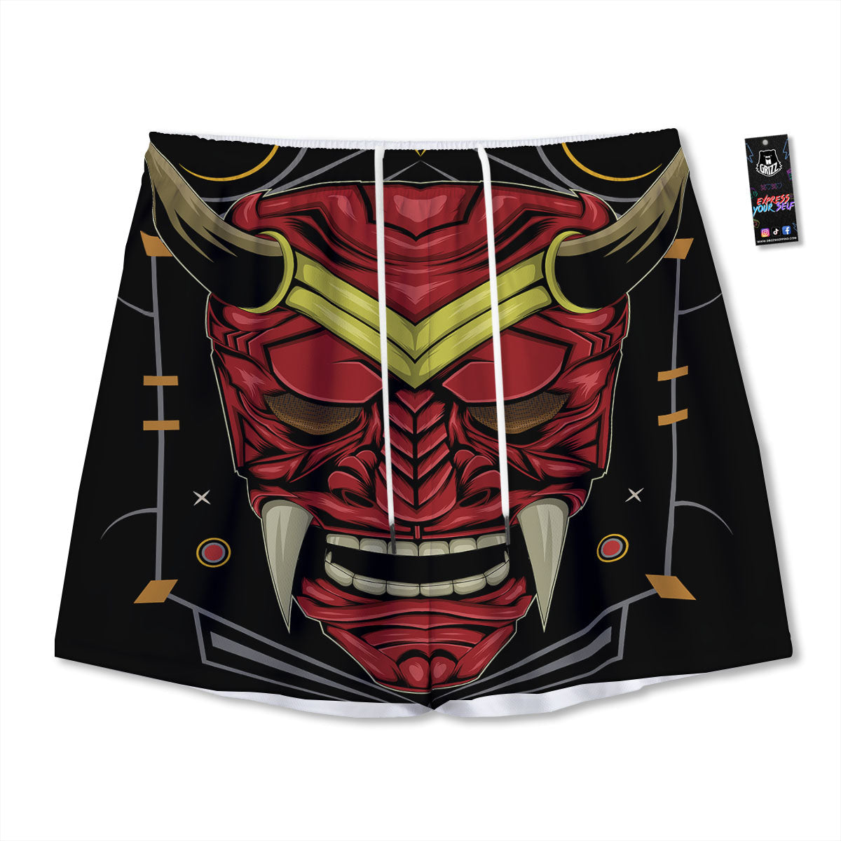 Demon Mask Red Japanese Print Mesh Shorts