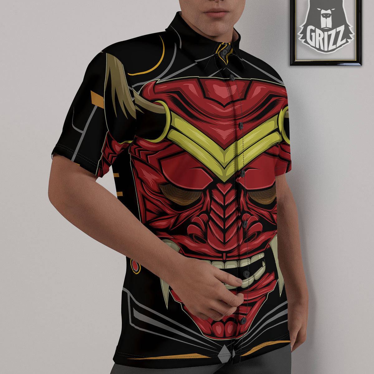 Demon Mask Red Japanese Print Untucked Shirts-grizzshop