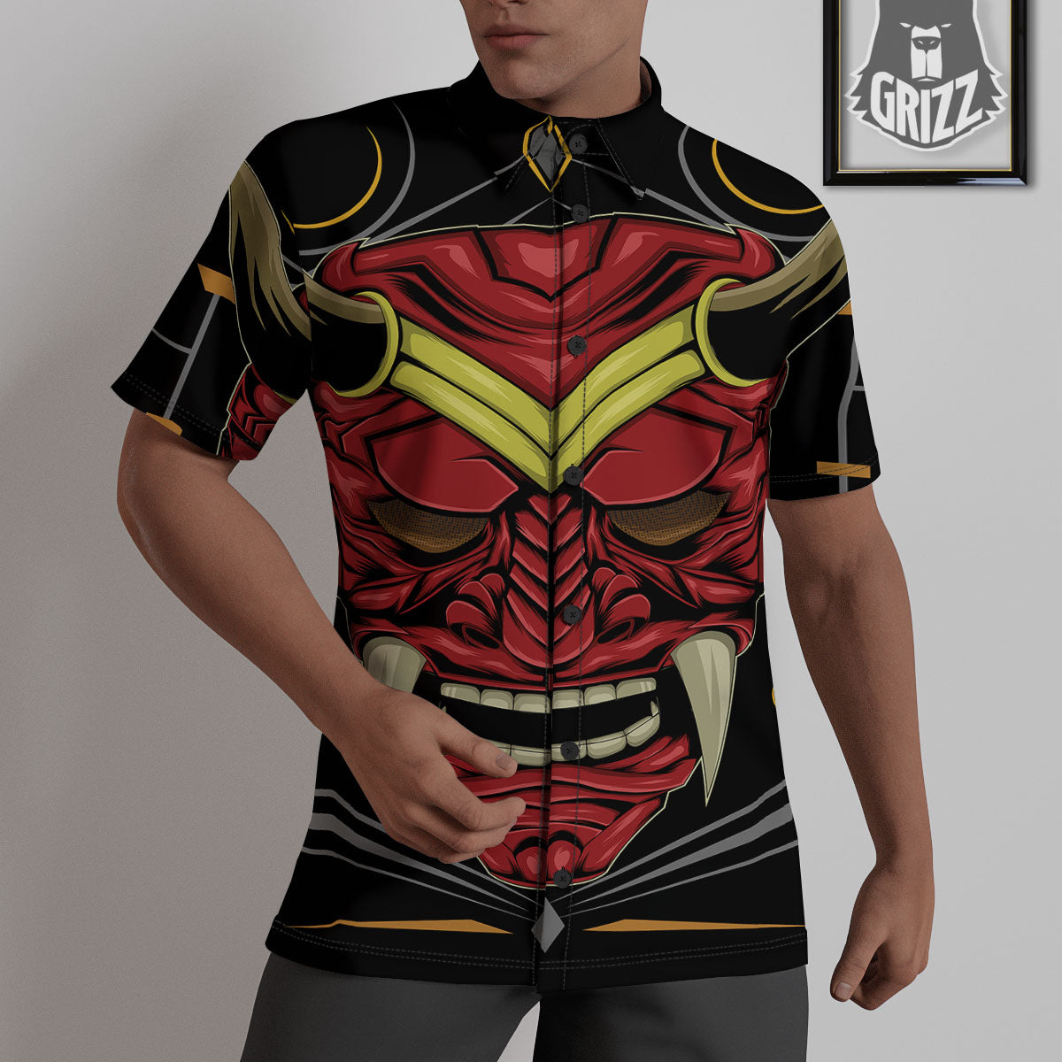 Demon Mask Red Japanese Print Untucked Shirts-grizzshop
