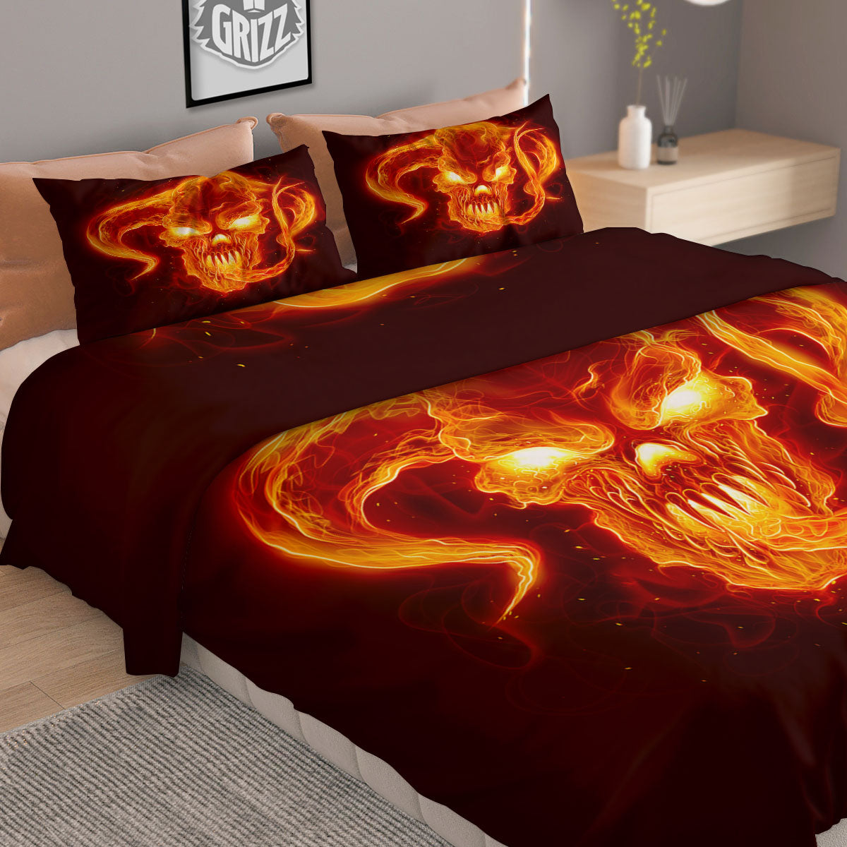 Demon Skull Flaming Print Duvet Cover Bedding Set