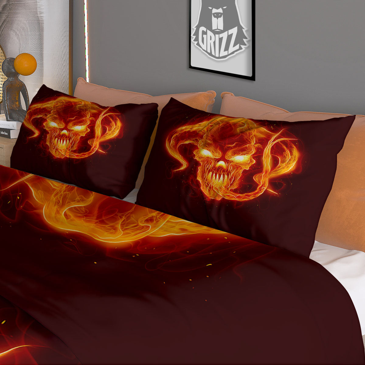 Demon Skull Flaming Print Duvet Cover Bedding Set