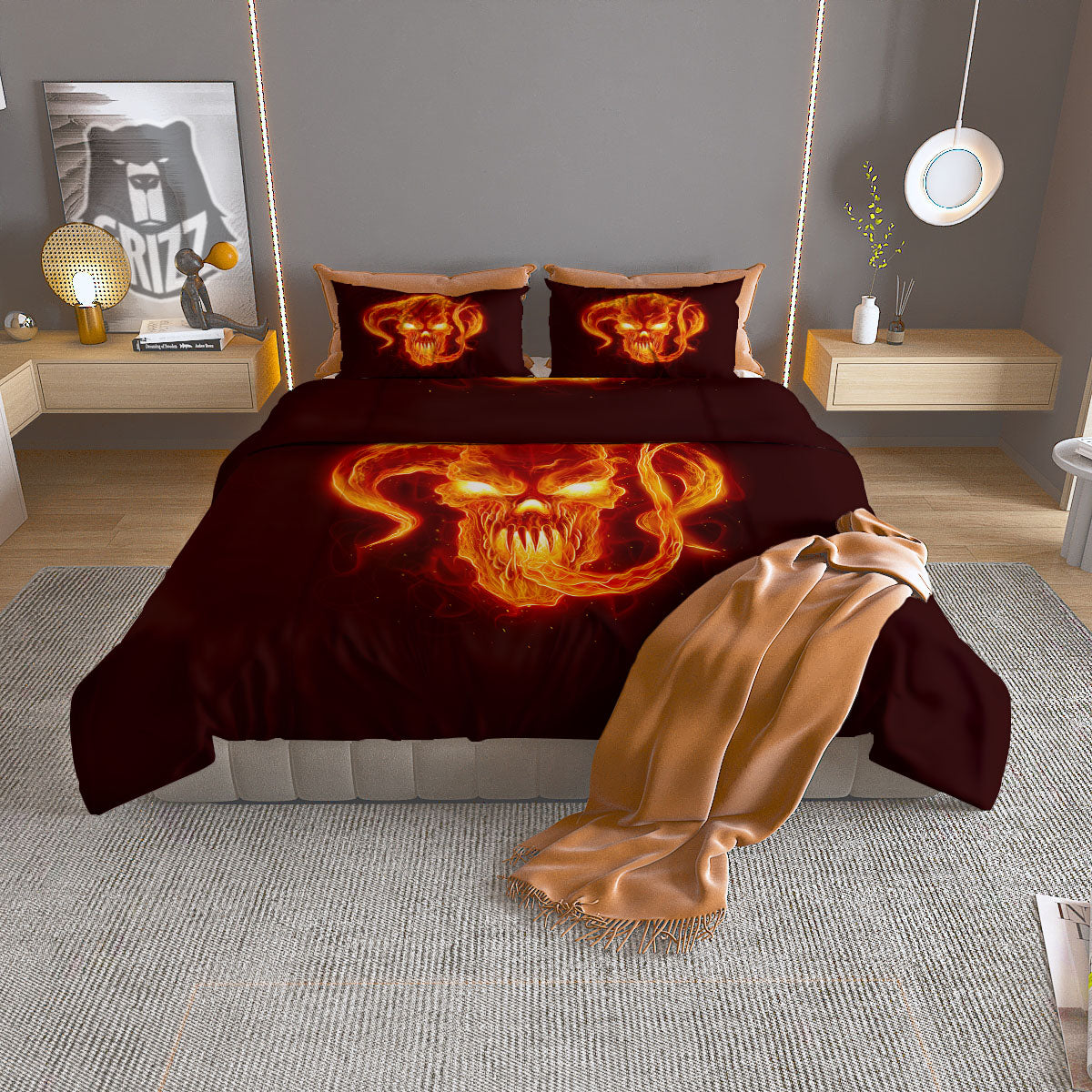 Demon Skull Flaming Print Duvet Cover Bedding Set