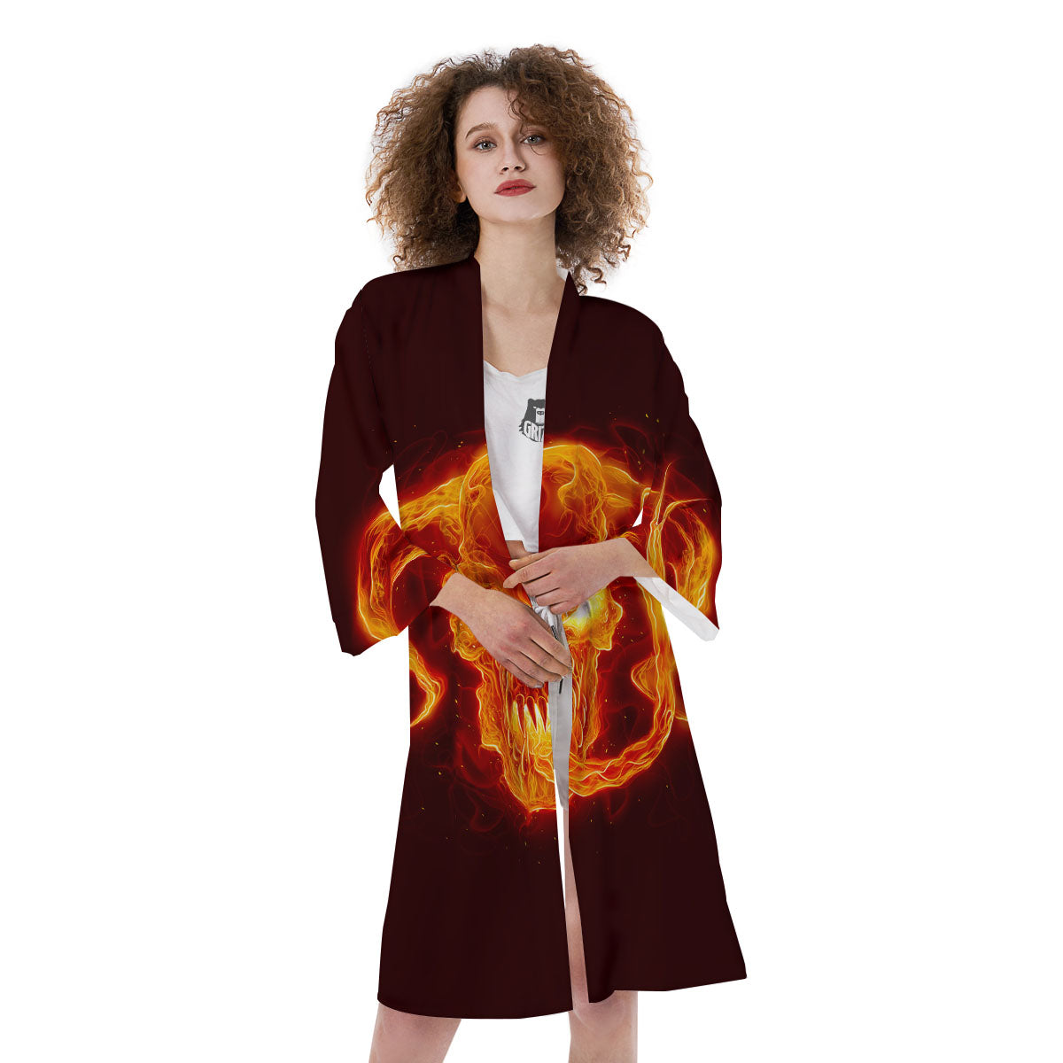 Demon Skull Flaming Print Kimono-grizzshop