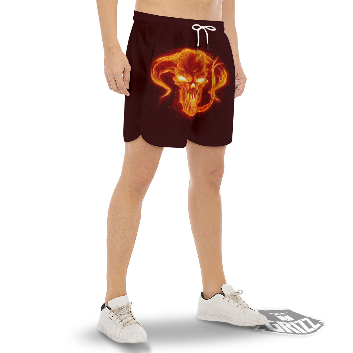 Demon Skull Flaming Print Men's Gym Shorts-grizzshop