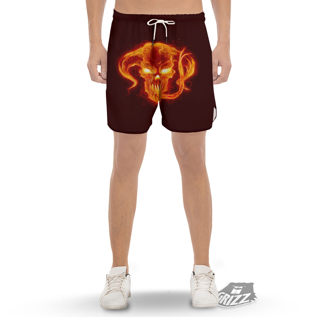 Demon Skull Flaming Print Men's Gym Shorts-grizzshop