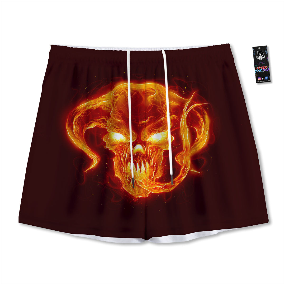 Demon Skull Flaming Print Mesh Shorts