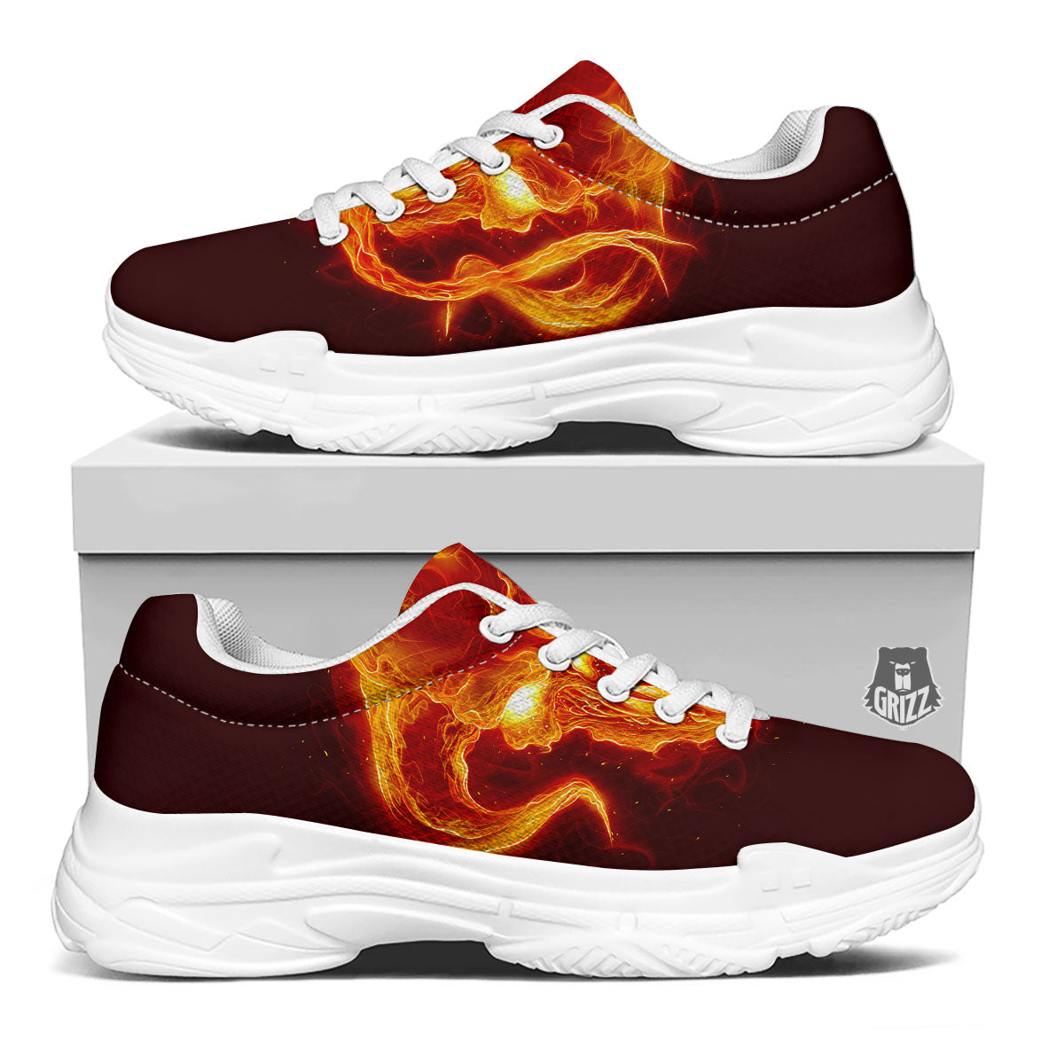 Demon Skull Flaming Print White Chunky Shoes-grizzshop