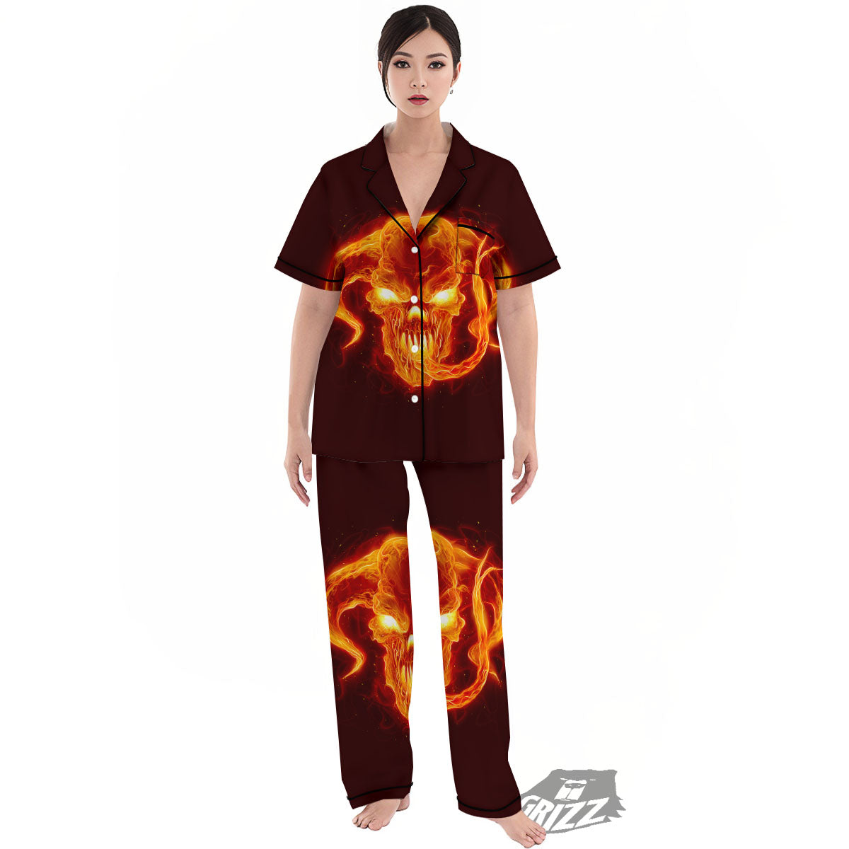 Demon Skull Flaming Print Women's Pajamas Set-grizzshop