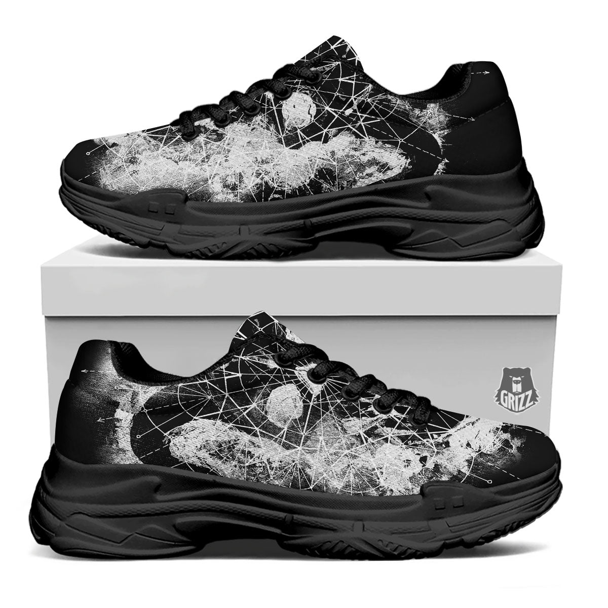 Demon Wicca White And Black Print Black Chunky Shoes-grizzshop