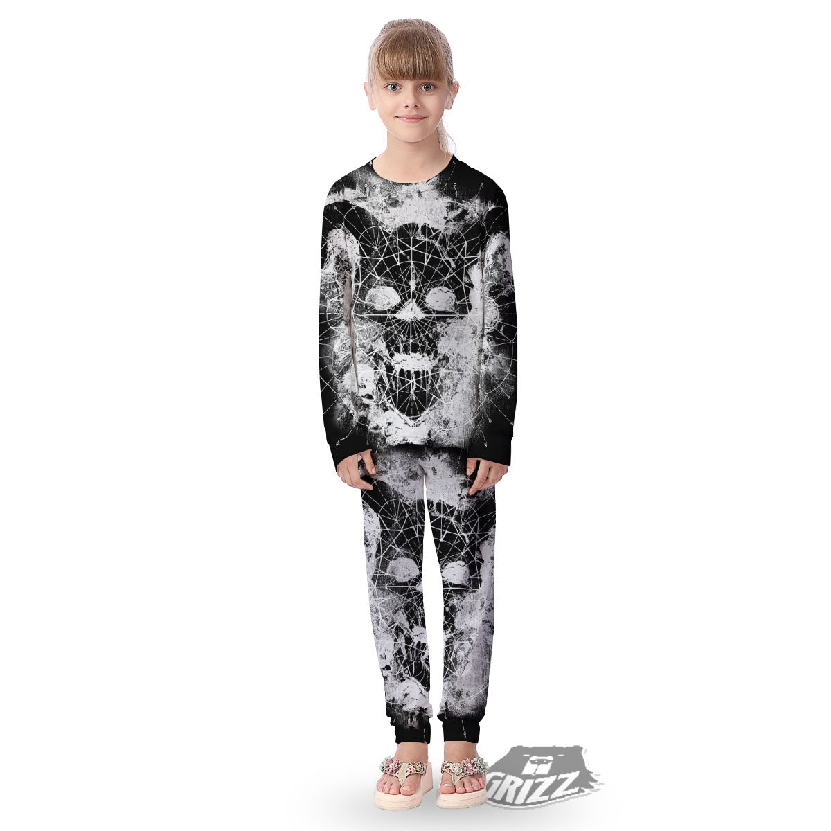 Demon Wicca White And Black Print Kid's Pajamas-grizzshop