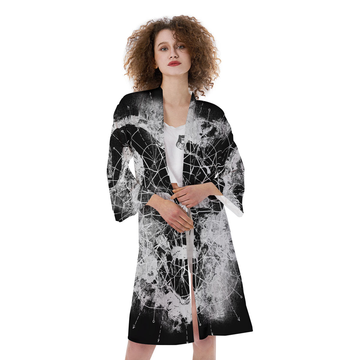 Demon Wicca White And Black Print Kimono-grizzshop