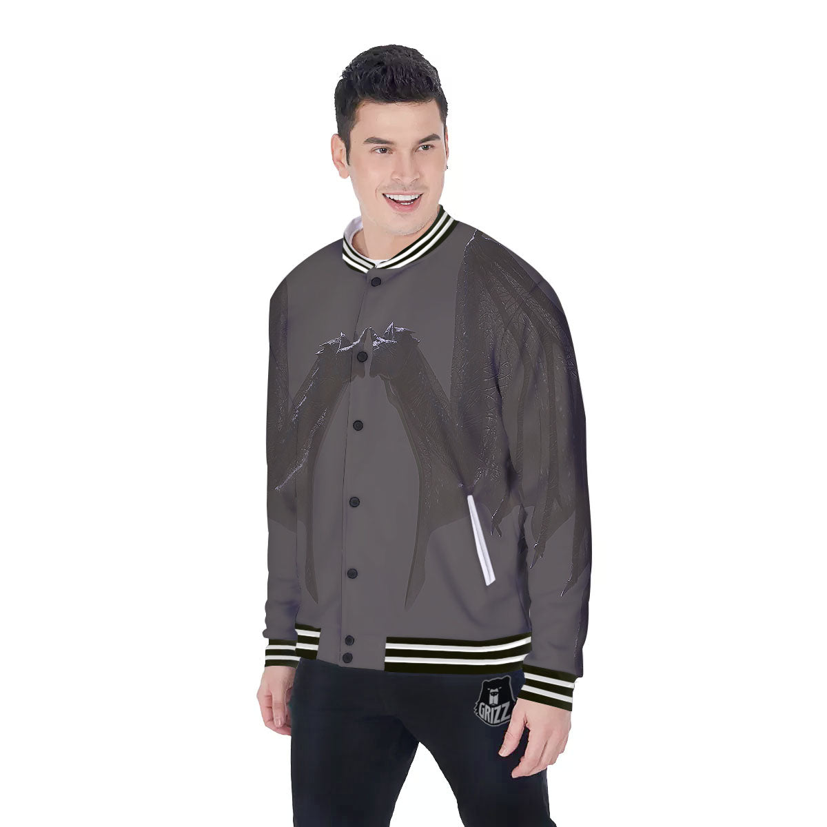 Demon Wings Black Print Baseball Jacket-grizzshop