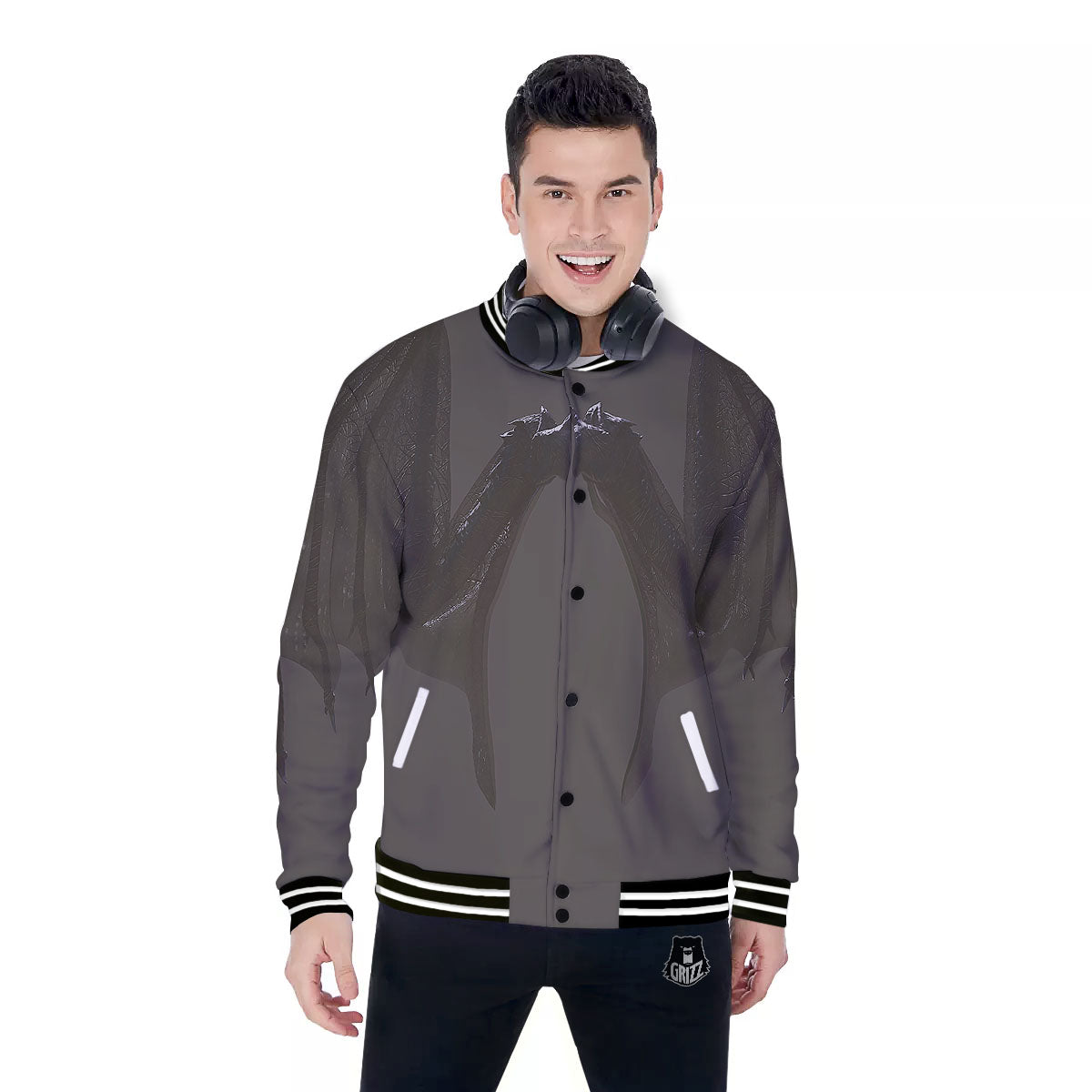Demon Wings Black Print Baseball Jacket-grizzshop