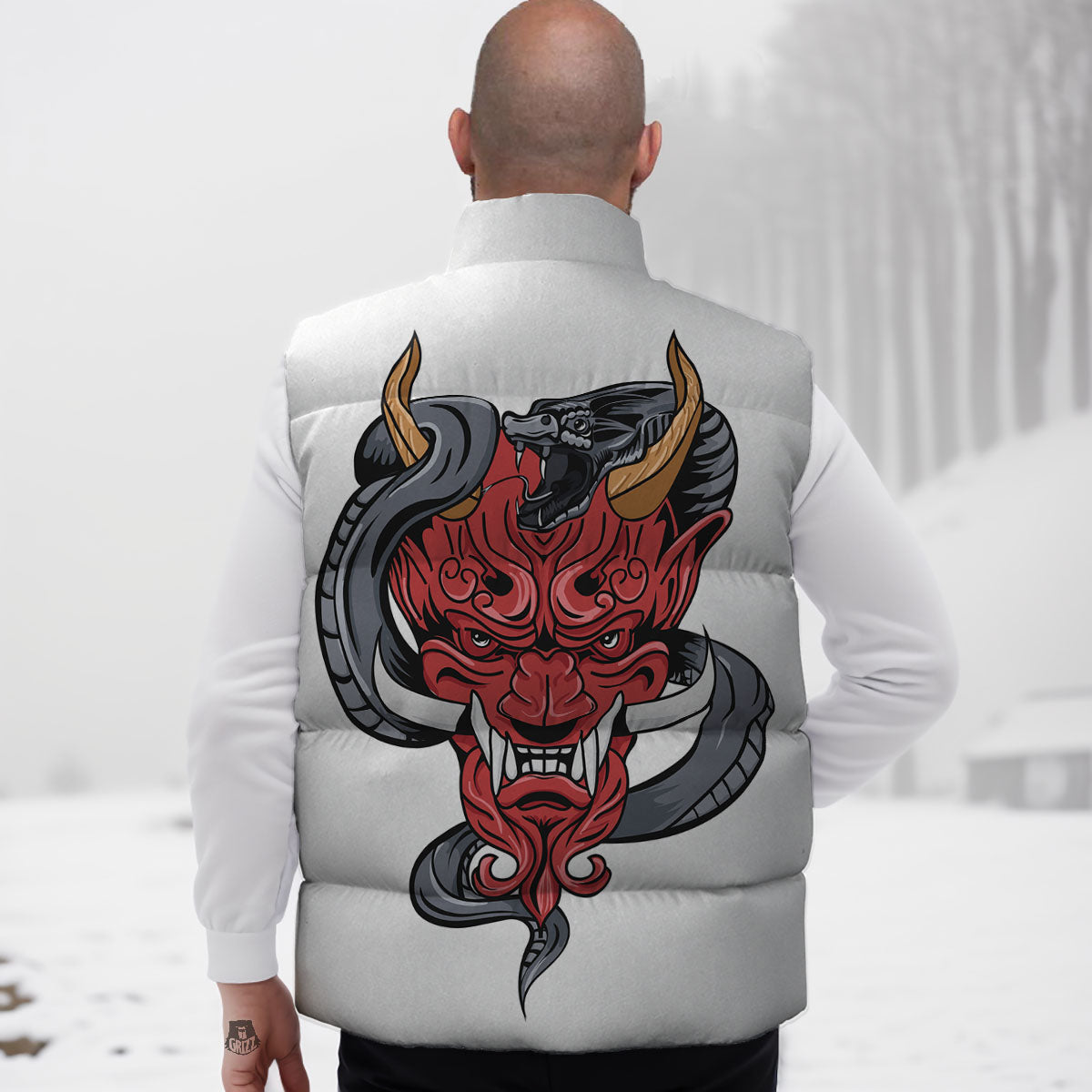 Demon With Snake Japanese Oni Print Down Vest