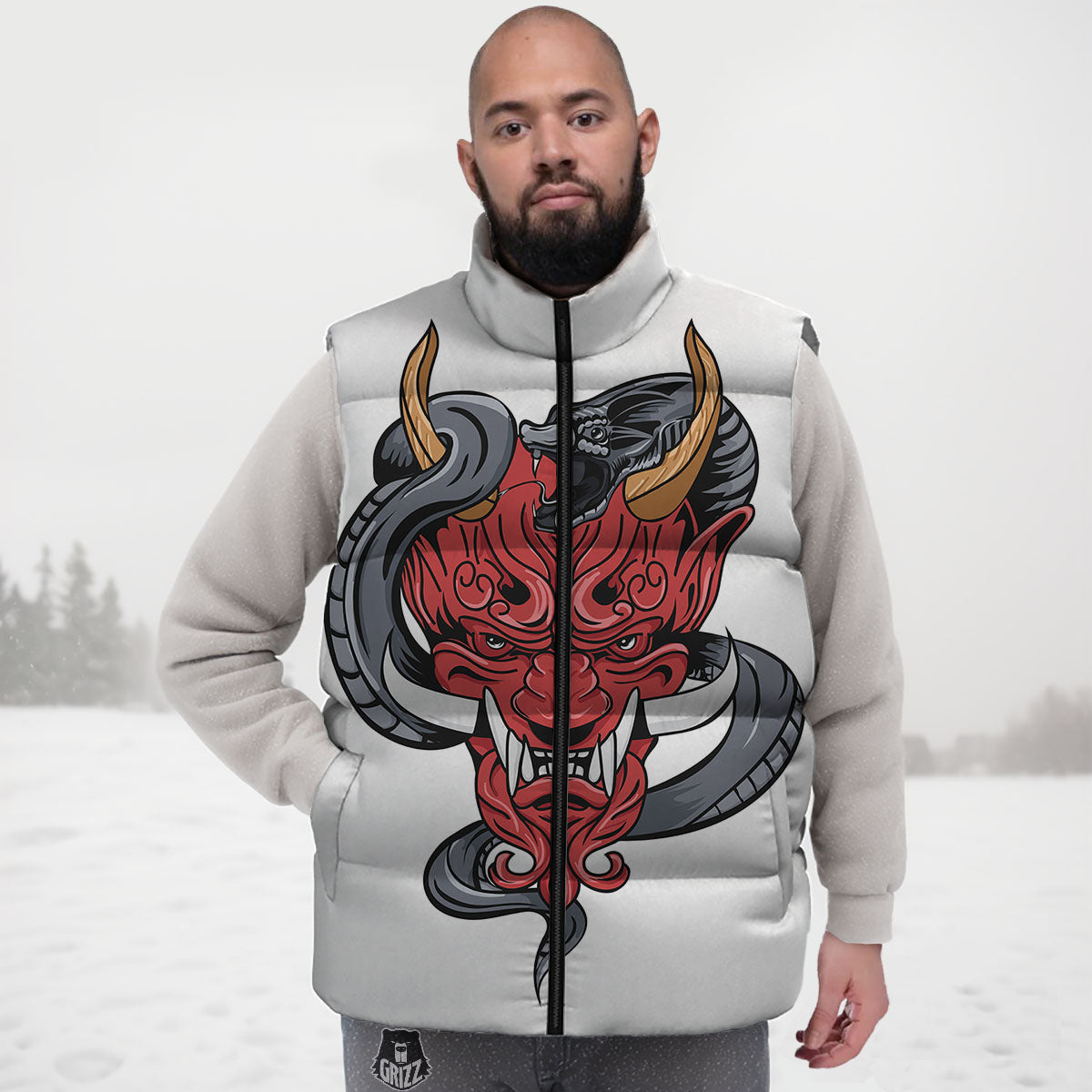 Demon With Snake Japanese Oni Print Down Vest