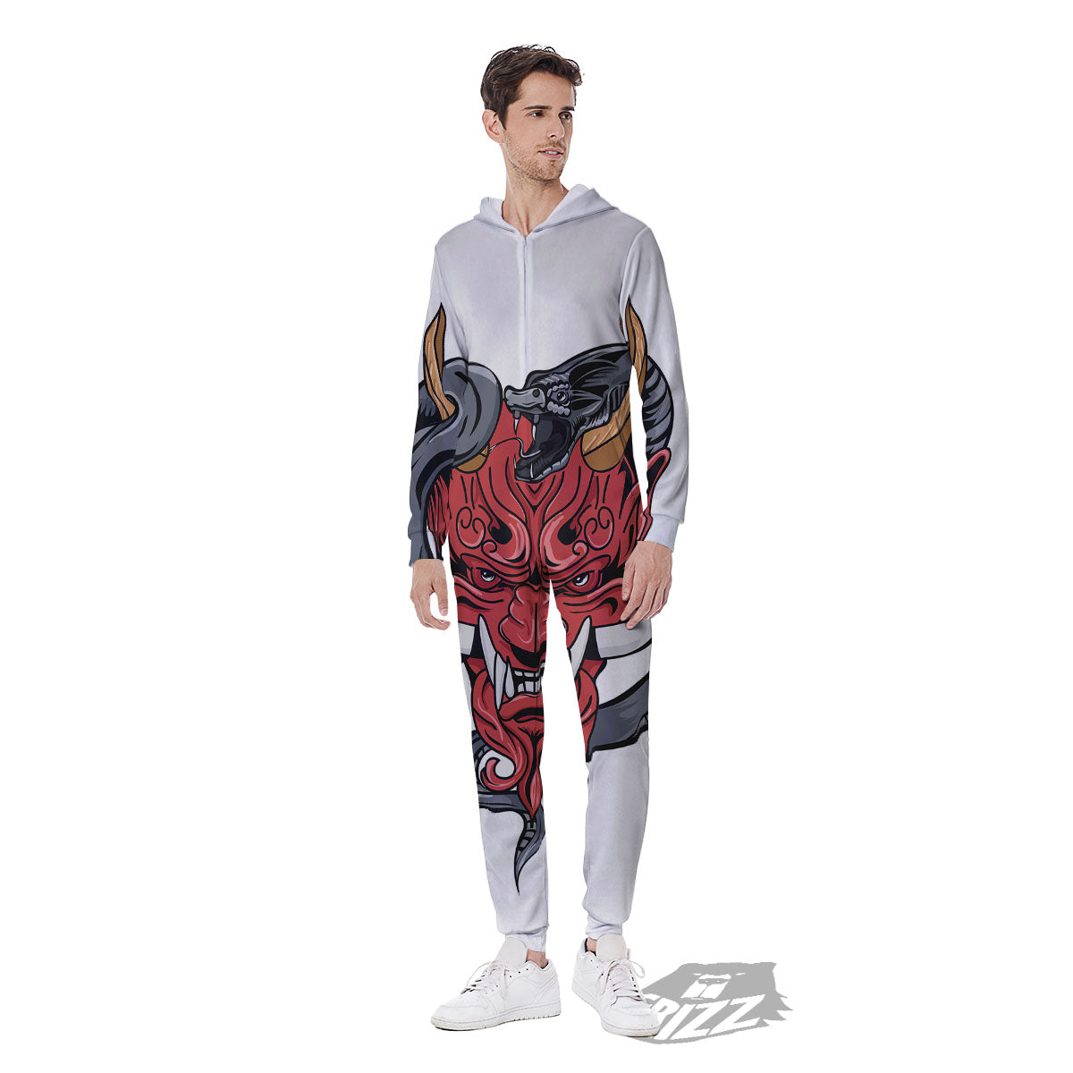 Demon With Snake Japanese Oni Print Men's Jumpsuit-grizzshop