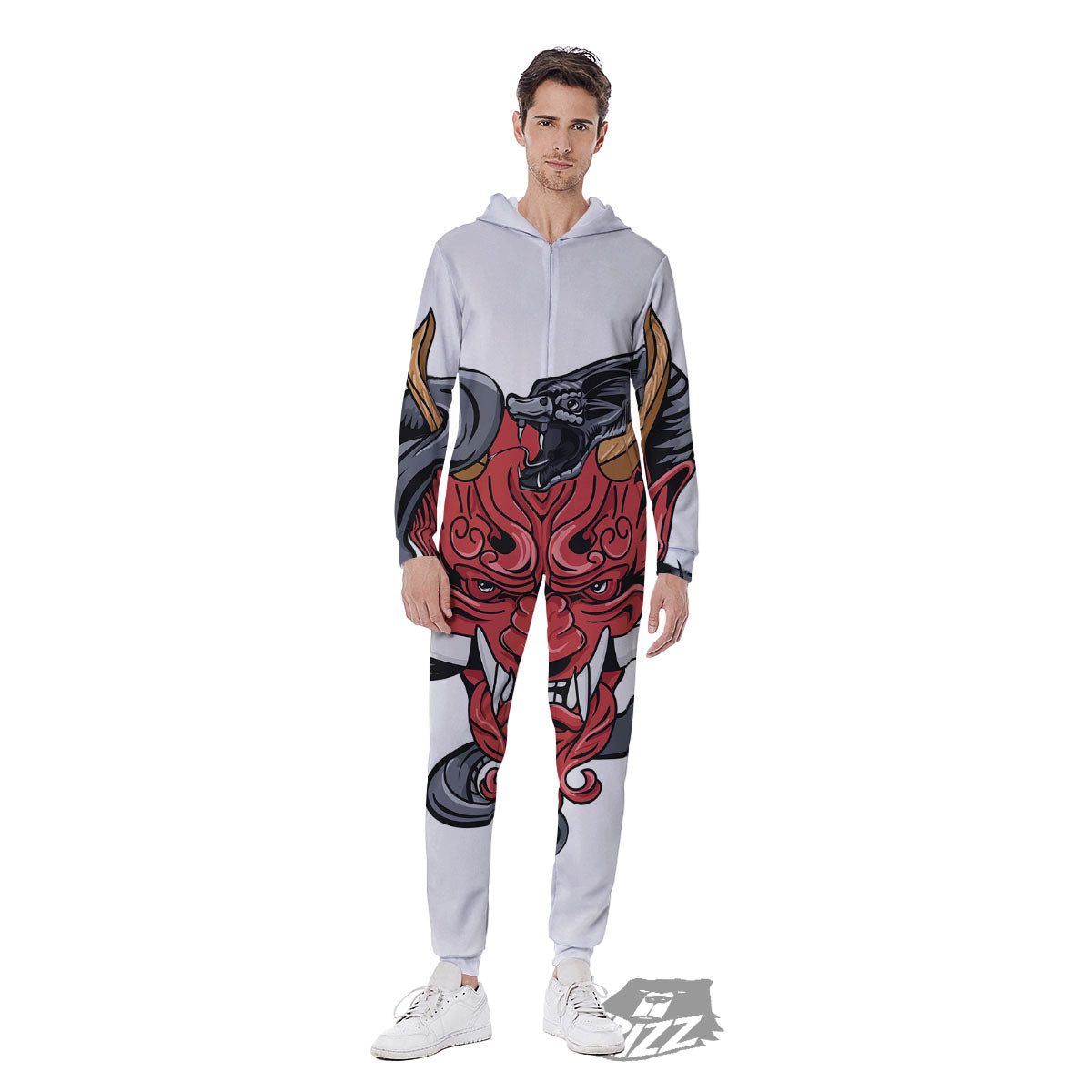 Demon With Snake Japanese Oni Print Men's Jumpsuit-grizzshop