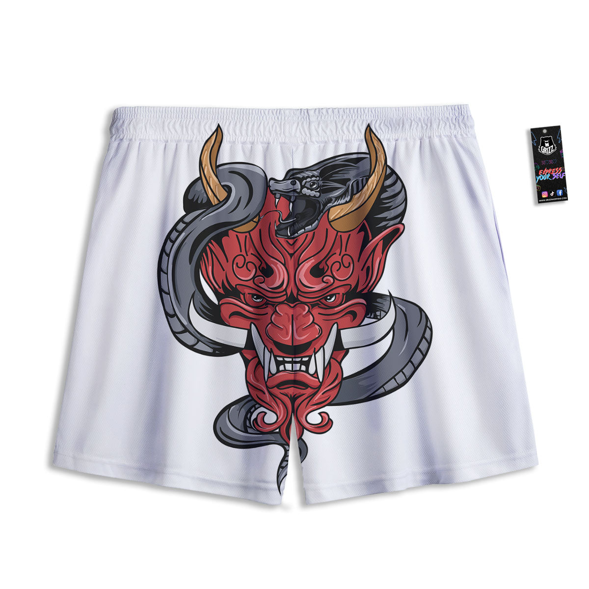 Demon With Snake Japanese Oni Print Mesh Shorts