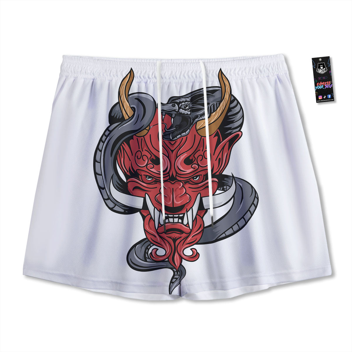 Demon With Snake Japanese Oni Print Mesh Shorts