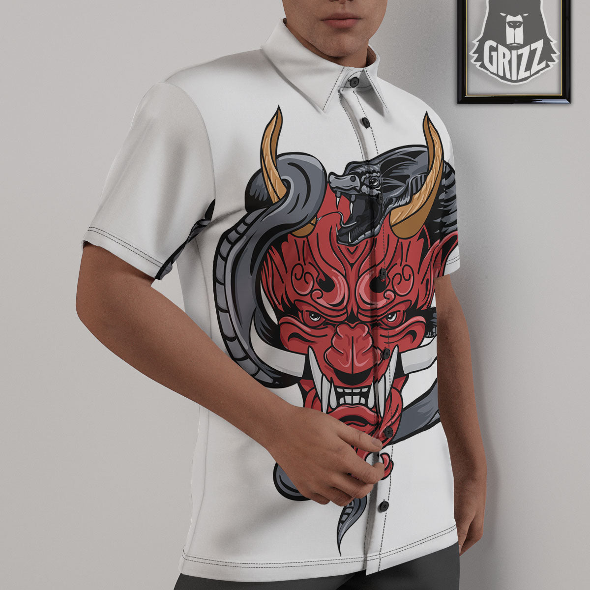 Demon With Snake Japanese Oni Print Untucked Shirts-grizzshop
