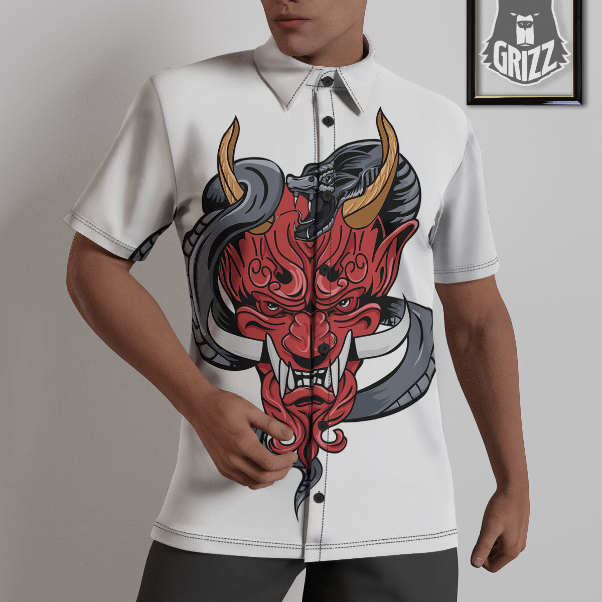 Demon With Snake Japanese Oni Print Untucked Shirts-grizzshop