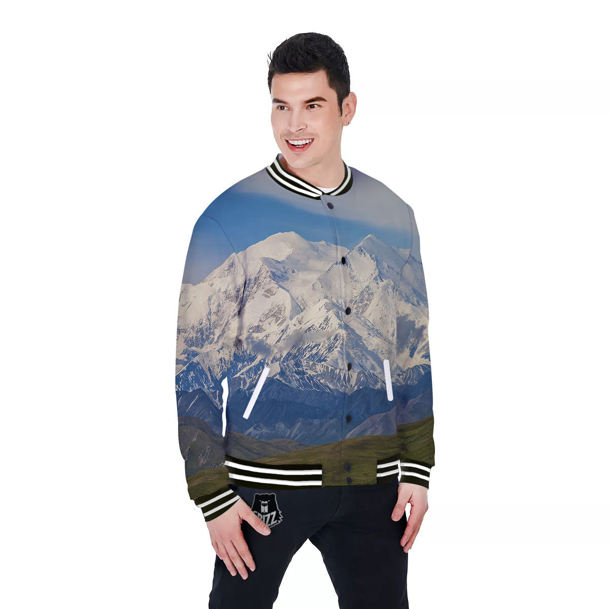Denali Mountain Print Baseball Jacket-grizzshop
