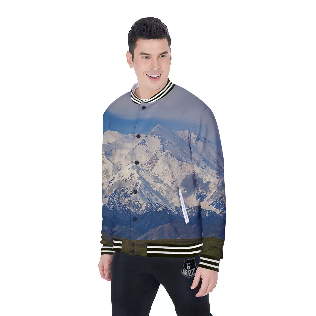 Denali Mountain Print Baseball Jacket-grizzshop