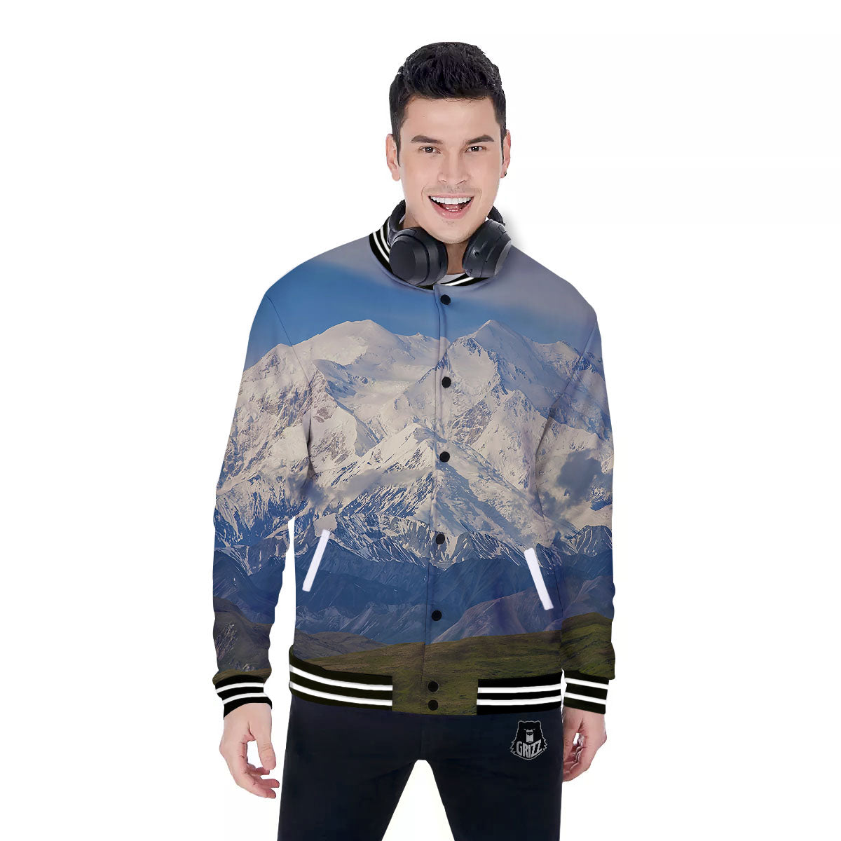 Denali Mountain Print Baseball Jacket-grizzshop