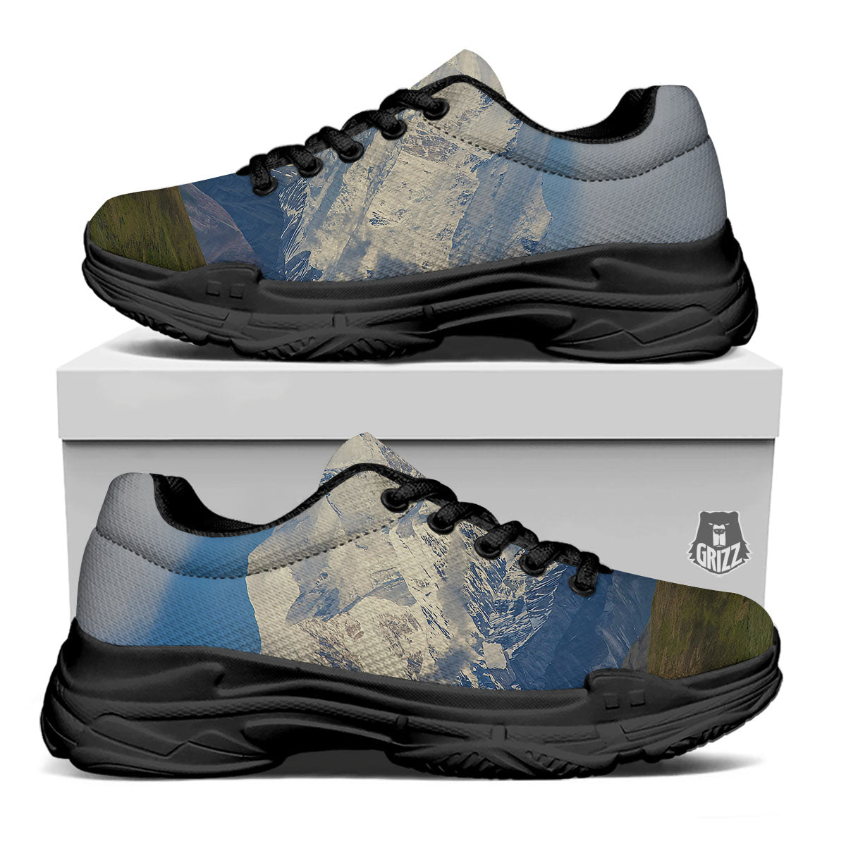Denali Mountain Print Black Chunky Shoes-grizzshop