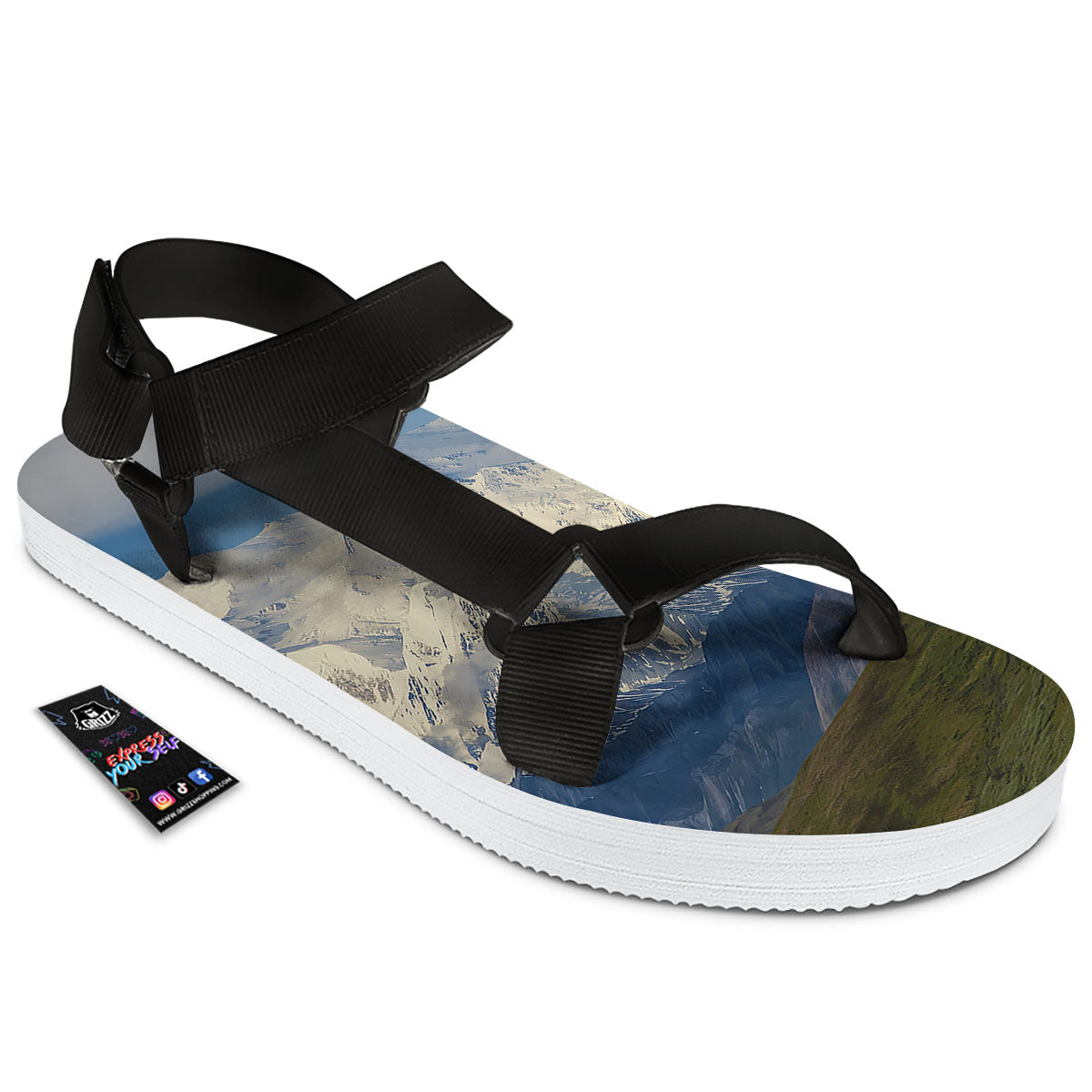 Denali Mountain Print Black Open Toe Sandals-grizzshop