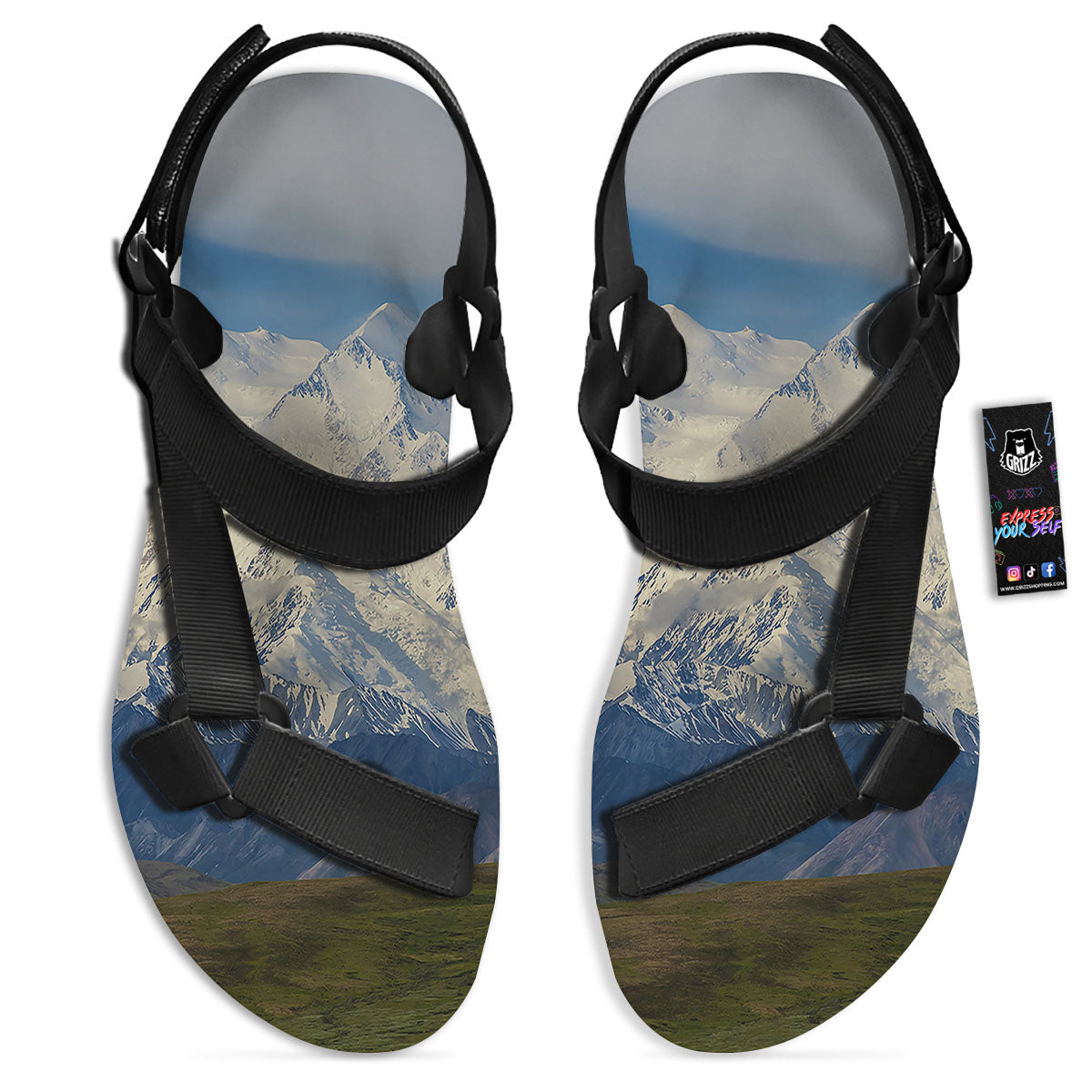 Denali Mountain Print Black Open Toe Sandals-grizzshop