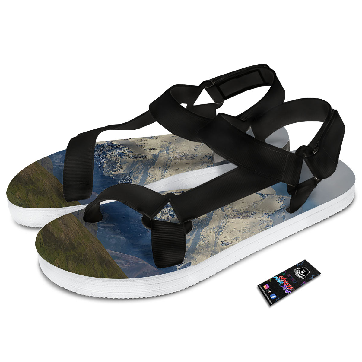 Denali Mountain Print Black Open Toe Sandals-grizzshop