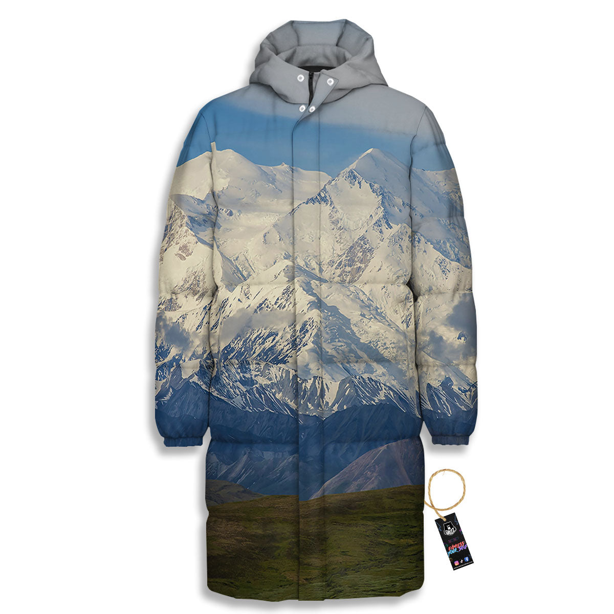Denali Mountain Print Long Down Jacket-grizzshop