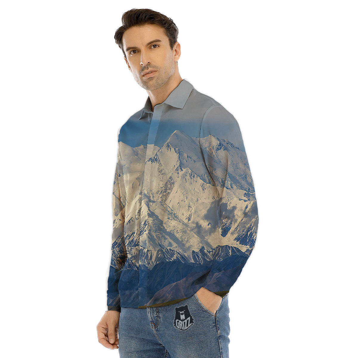 Denali Mountain Print Men's Dress Shirts-grizzshop