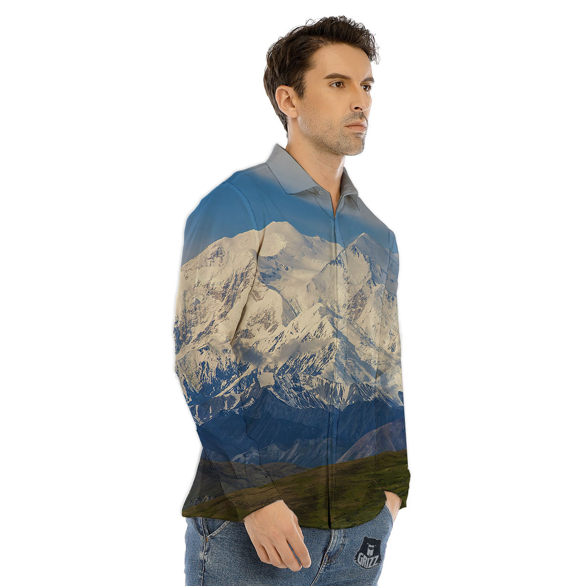 Denali Mountain Print Men's Dress Shirts-grizzshop