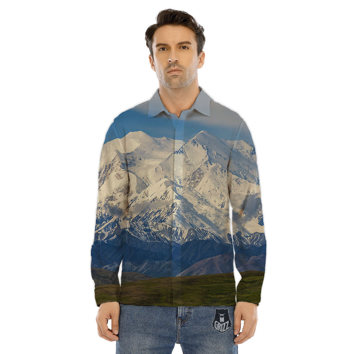 Denali Mountain Print Men's Dress Shirts-grizzshop
