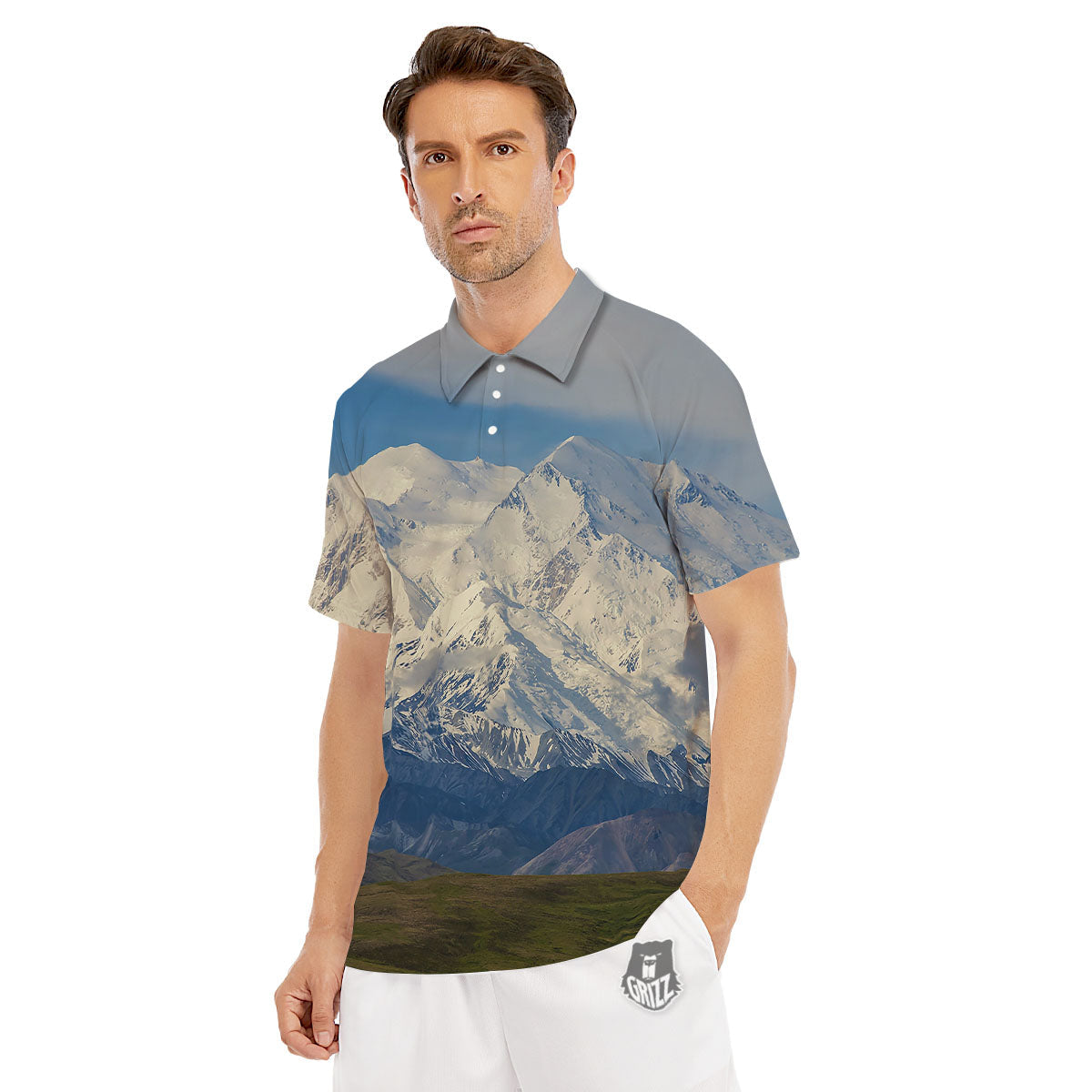 Denali Mountain Print Men's Golf Shirts-grizzshop