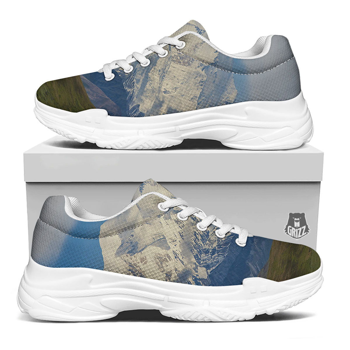 Denali Mountain Print White Chunky Shoes-grizzshop