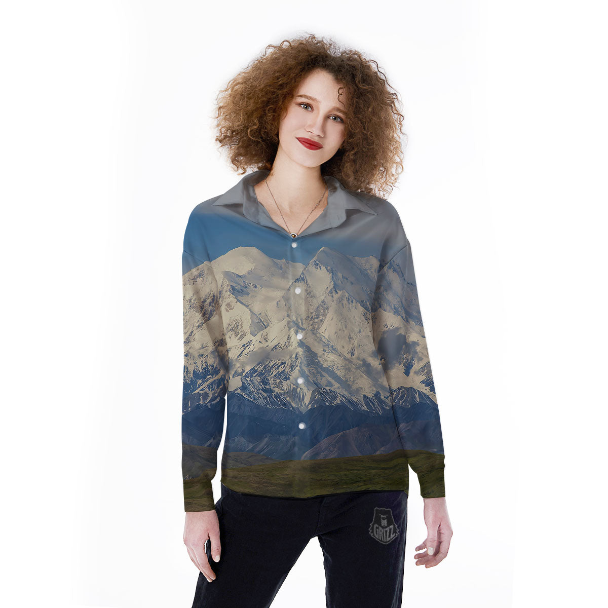 Denali Mountain Print Women's Long Sleeve Shirts-grizzshop