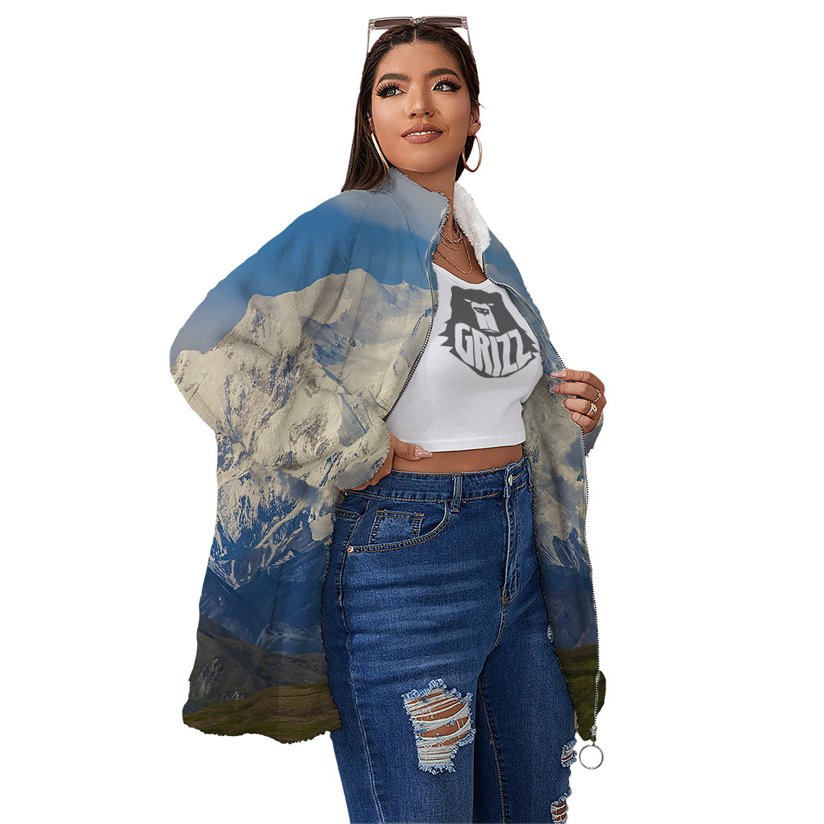 Denali Mountain Print Women's Sherpa Jacket-grizzshop